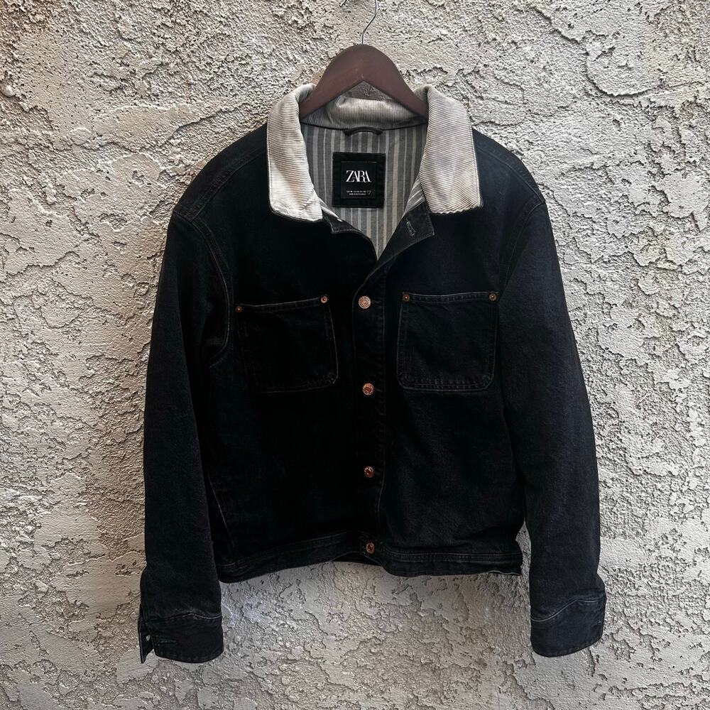 Zara Black Denim Jacket with Cream Corduroy Collar